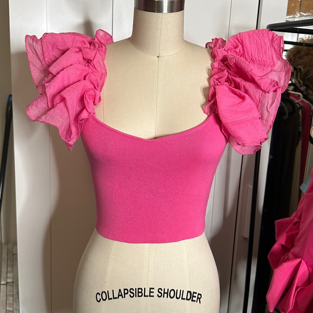 Pink Ruffled Sleeve Women's Top